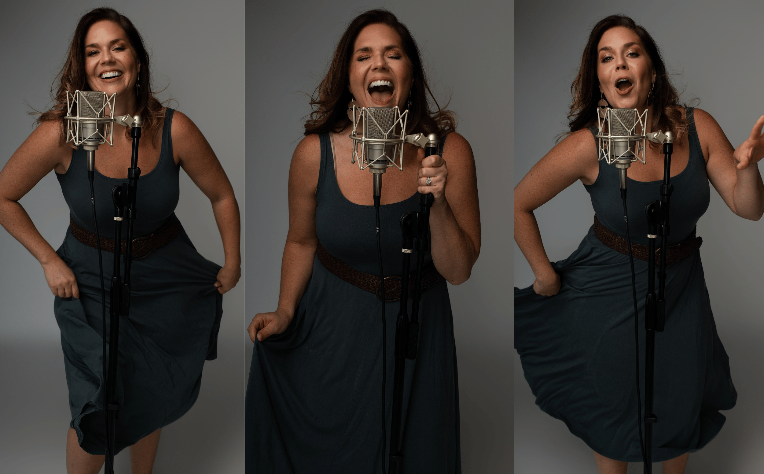 Collage of Sarah Raines recording voice over sessions